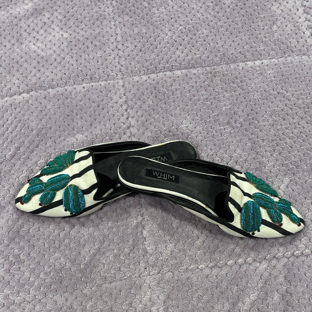 37 Whim Black and Teal Embroidered Flats, leather lined upper and leather soles